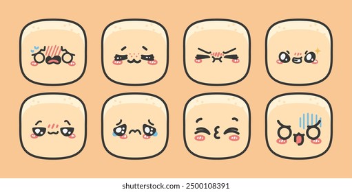 cute head tofu mascot, with different facial expressions isolated on a choco background