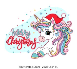 Cute head of unicorn. Christmas, X mas card, happy new year kids cartoon animal. Vector illustration. For winter festival, celebration, party, print, cards, invitation, sublimation and clothes design