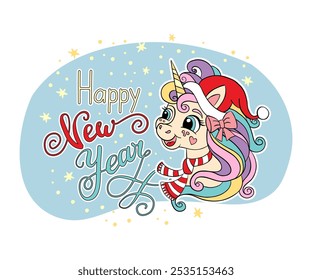 Cute head of unicorn. Christmas, X mas card, happy new year kids cartoon animal. Vector illustration. For winter festival, celebration, party, print, cards, invitation, sublimation and clothes design