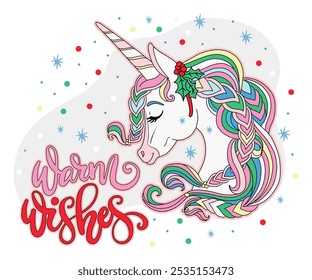 Bela cabeça de unicórnio. Natal, cartão de X mas, feliz ano novo crianças desenhos animados animal. Ilustração vetorial. Para festival de inverno, celebração, festa, impressão, cartões, convite, sublimação e design de roupas