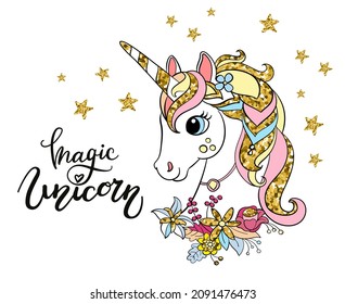 Cabeza de unicornio con ilustraciones vectoriales de flores. Ilustración aislada de color vectorial con elementos dorados. Diseño, decoración, tarjetas, estampado, ducha de bebé, camisetas, bordados, vajilla y prendas para niños