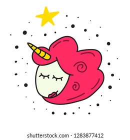 Cute head unicorn icon. Hand drawn vector illustration for postcard, t shirt, kids wear, print, stickers, posters design.	