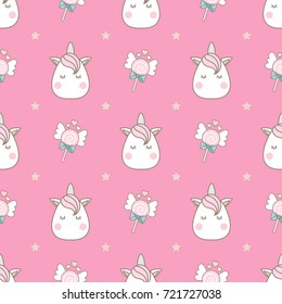 Cute head unicorn seamless pattern with lollipop and gold stars on pink background.