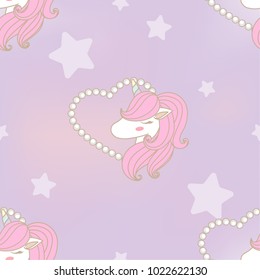 Cute head unicorns pattern decorated with pearl in heart shape and star on purple gradient mesh background in pastel theme.