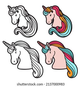 Cute unicorn´s head vector illustrations on white background. Outline hand drawn magical unicorn. Kids birthday party invitation set.