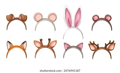 Cute headband set with cartoon ears and antlers of animals. Funny retro photo booth props collection with ears of baby deer and white rabbit, dog and fox, bear and mouse cartoon vector illustration