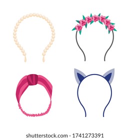 Cute headband set isolated on white background, fashion accessories with pearl, flower, cat ears decorations. Cartoon hairband collection, vector illustration.