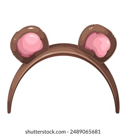 Cute headband with teddy bear cartoon ears. Funny retro decor of round shape for head of kids or adults, cartoon band with furry brown bear ears of birthday and carnival party vector illustration