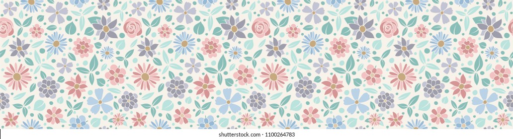 Cute header with pastel coloured flowers - seamless texture. Vector.