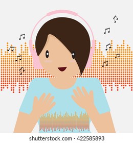 Cute Headphone Girl. On line concept. Media illustration, listening music 