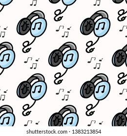 Cute headphones cartoon seamless vector pattern. Hand poratble cable wire in vintage 90s style tile. All over print for music blog, audio stereo graphic, hipster home decor.