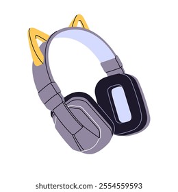 Cute headphones with cat ears icon. Modern gamers' headset to play video games, streaming. Big earphones to listen audio podcasts, music. Flat isolated vector illustration on white background