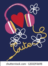 Cute Headphones drawing as vector for tee print .