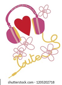 Cute Headphones drawing as vector for tee print.