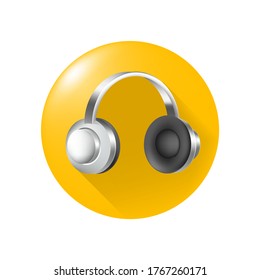 Cute Headphones Icon on Yellow Button on White Background . Isolated Vector Illustration 