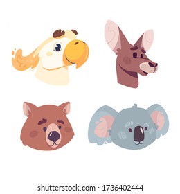 Cabezas lindas canguro, cacatú, wombat y koala. Aves vectoriales divertidas y animales de la serie australiana. Ilustraciones para libros infantiles, enciclopedias, tarjetas. Estilo de caricatura aislado en blanco