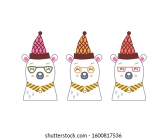 Cute heads of three Polar white bears in Hats and glasses. International Polar Bear Day. Best friends forever. Flat Vector Illustration.