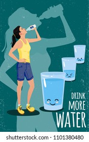 Cute health care poster in flat style. Drinking woman and tree glasses of water. Vector illustration. Text Drink more water.