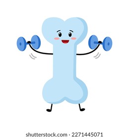 Cute healthy bone cartoon character with dumbbells in flat design on white background.