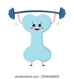 Cute healthy bone cartoon character with dumbbells in flat design on white background.