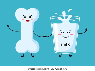 Cute healthy bone and milk cartoon character in flat design.