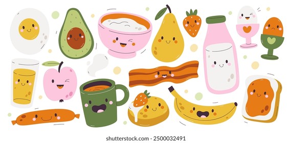 Cute healthy breakfast food tasty snack, fresh fruits and drinks set with funny faces and happy emotion and expression vector illustration. Positive yummy fresh meal and natural beverages menu mascot