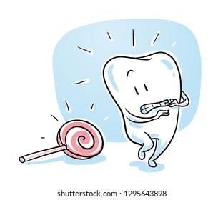 Cute healthy cartoon tooth being scared of candy. Concept for sensitive teeth. Hand drawn cartoon sketch vector illustration, whiteboard marker style coloring. 