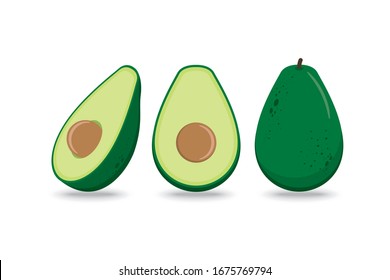 cute healthy fresh fruit avocado isolated on white background. beautiful Whole and cut in half avocado with seed vector
