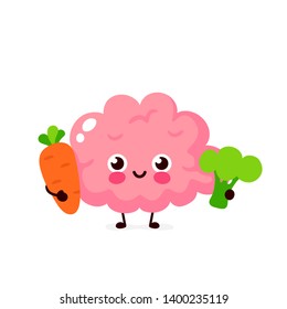 Cute Healthy Happy Brain Character With Broccoli And Carrot. Vector Flat Cartoon Illustration Icon Design. Isolated On White Background. Healthy Food Nutrition,human Brain Organ Concept