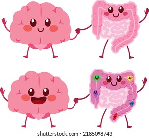 Cute Healthy Happy Brain And Intestine Gut Mascot Characters. Unity Of Mental And Digestive Concept