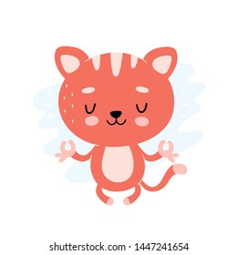 Cute healthy happy cat meditate in lotus yoga pose. Vector flat cartoon illustration character icon design. Isolated on white background. Kitty relax character concept
