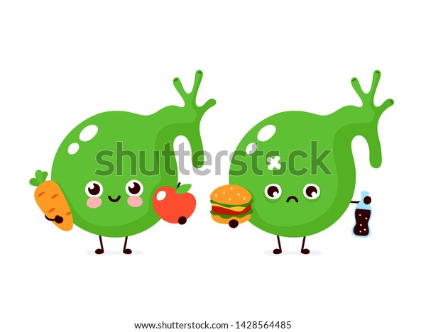 野菜とハンバーガーのキャラクターで悲しみを感じる 健康に良いかわいい胆嚢オルガン ベクター平面のカートーンイラストアイコンデザイン 白い背景に 健康で不健康な食べ物のコンセプト のベクター画像素材 ロイヤリティフリー