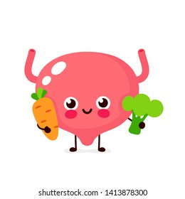 Cute healthy happy human Bladder organ with carrot and broccoli character. Vector flat cartoon illustration icon design. Isolated on white background. Bladder character,healthy food nutrition concept