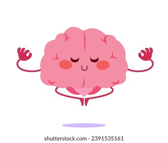 Cute healthy happy human brain organ vector illustration isolated on white background. Mental calm yoga relax peace meditate mascot concept