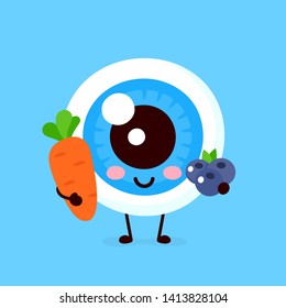 Cute healthy happy human eyeball organ with carrot and blueberries character. Vector flat cartoon illustration icon design. Isolated on white background. Eye character,healthy food nutrition concept