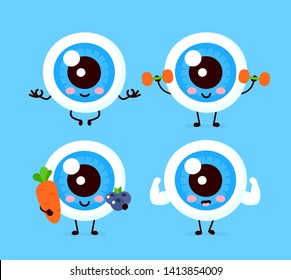 Cute healthy happy human eyeball organ character set collection. Vector flat cartoon illustration icon design. Isolated on white background. Eye care character concept