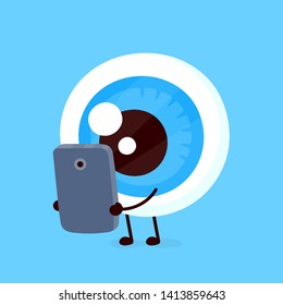 Cute healthy happy human eyeball use smartphone character. Vector flat cartoon illustration icon design. Isolated on white background. Eye character concept