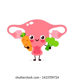 Cute healthy happy human uterus organ with carrot and broccoli character. Vector flat cartoon illustration icon design. Isolated on white background. Uterus character,healthy food nutrition concept