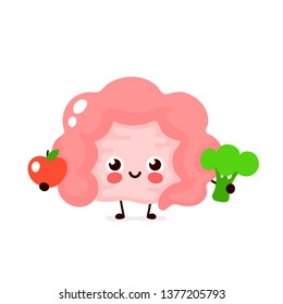 Cute healthy happy Intestine character with broccoli and apple. Vector flat cartoon illustration icon design. Isolated on white background. Digestive tract, Healthy food nutrition,Intestine concept 