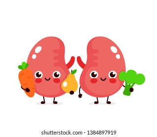 Cute healthy happy kidneys character with broccoli,carrot and pear. Vector flat cartoon illustration icon design. Isolated on white background.Couple of kidney,healthy food nutrition,lifestyle concept