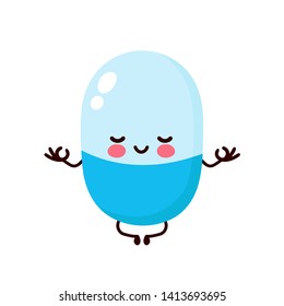 Cute healthy happy pill meditate in lotus yoga pose. Vector flat cartoon illustration character icon design. Isolated on white background. Pill relax concept