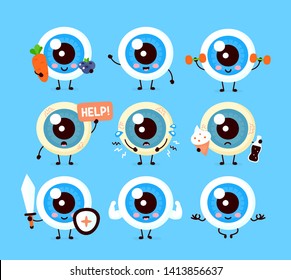 Cute healthy happy and sick sad human eyeball organ character set collection.Vector flat mascot face cartoon illustration icon design.Isolated on white background.Eye care,bad sight character concept