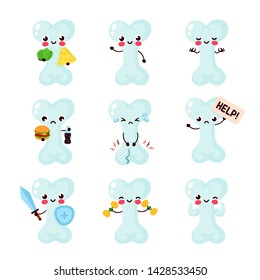 Cute healthy happy and sick sad unhealthy bone character set collection. Vector flat cartoon illustration icon design. Isolated on white background. Bones character concept