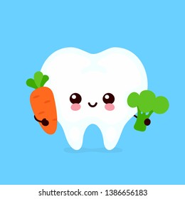 Cute healthy happy tooth character with broccoli and carrot. Vector flat cartoon illustration icon design. Isolated on white background. Healthy food nutrition,human tooth,teeth,dental care concept