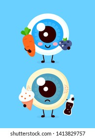 Cute healthy happy uterus organ with vegetables and sad with burger character. Vector flat cartoon illustration icon design. Isolated on white background. Healthy and unhealthy food, nutrition concept