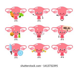 Cute healthy happy women uterus organ character set collection. Vector flat cartoon illustration icon design. Isolated on white background. Uterus character concept