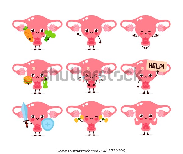 かわいい健康な女性の子宮臓器キャラクターセットコレクション ベクター平面のカートーンイラストアイコンデザイン 白い背景に 子宮性格コンセプト のベクター画像素材 ロイヤリティフリー