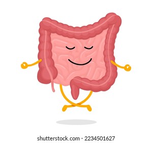 Cute healthy human intestines character relaxation meditate. Funny intestine mascot meditation in lotus yoga pose. Cartoon gut good condition. Digestive internal organ bowel calm and relax eps