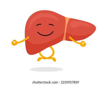 Cute healthy human liver character relaxation meditate. Funny mascot meditation in lotus yoga pose. Cartoon exocrine system gland internal organ good condition. Insides calm and relax. Vector eps