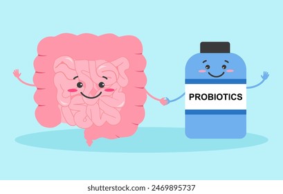 Cute healthy intestine with probiotics bottle cartoon character in flat design.